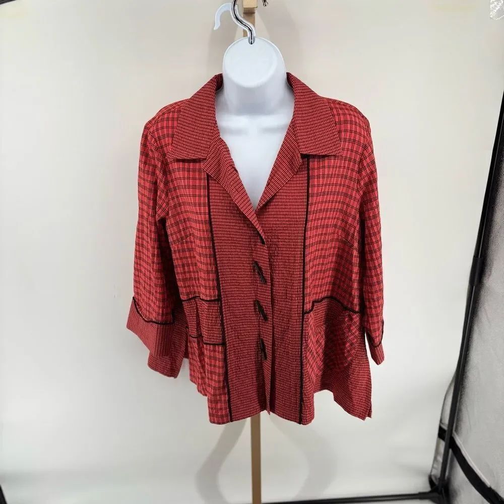 Ali Miles Textured Pattern 3/4 Sleeve Button Front Top Size Petite Large NWT